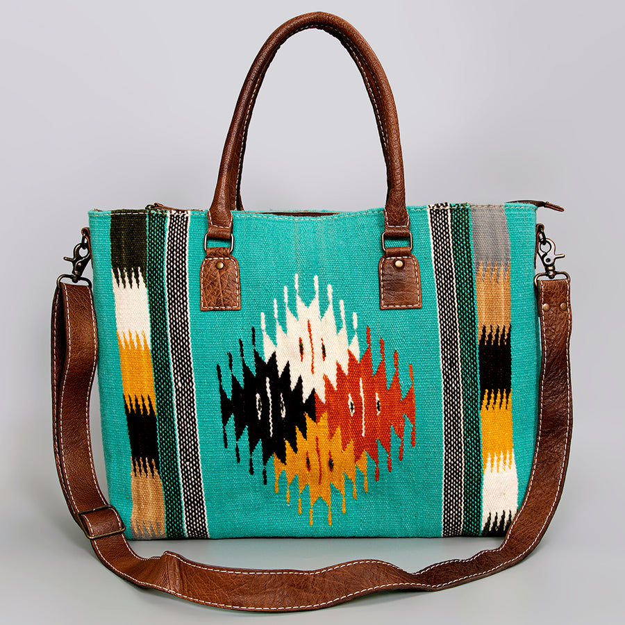 American Darling Handwoven Saddle Blanket Tote Bag – Western Tote with Genuine Leather Handles & Artisan Crafted Large Bag