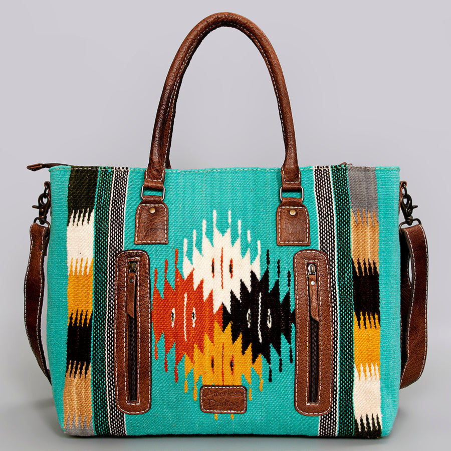 American Darling Handwoven Saddle Blanket Tote Bag – Western Tote with Genuine Leather Handles & Artisan Crafted Large Bag