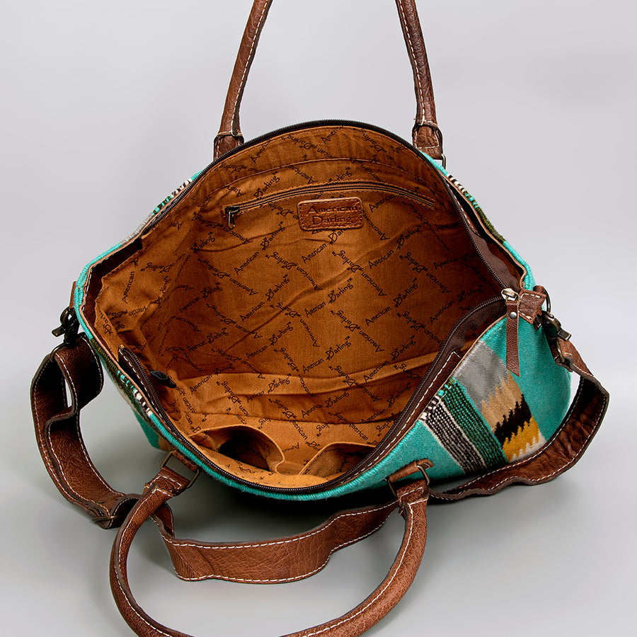 American Darling Handwoven Saddle Blanket Tote Bag – Western Tote with Genuine Leather Handles & Artisan Crafted Large Bag