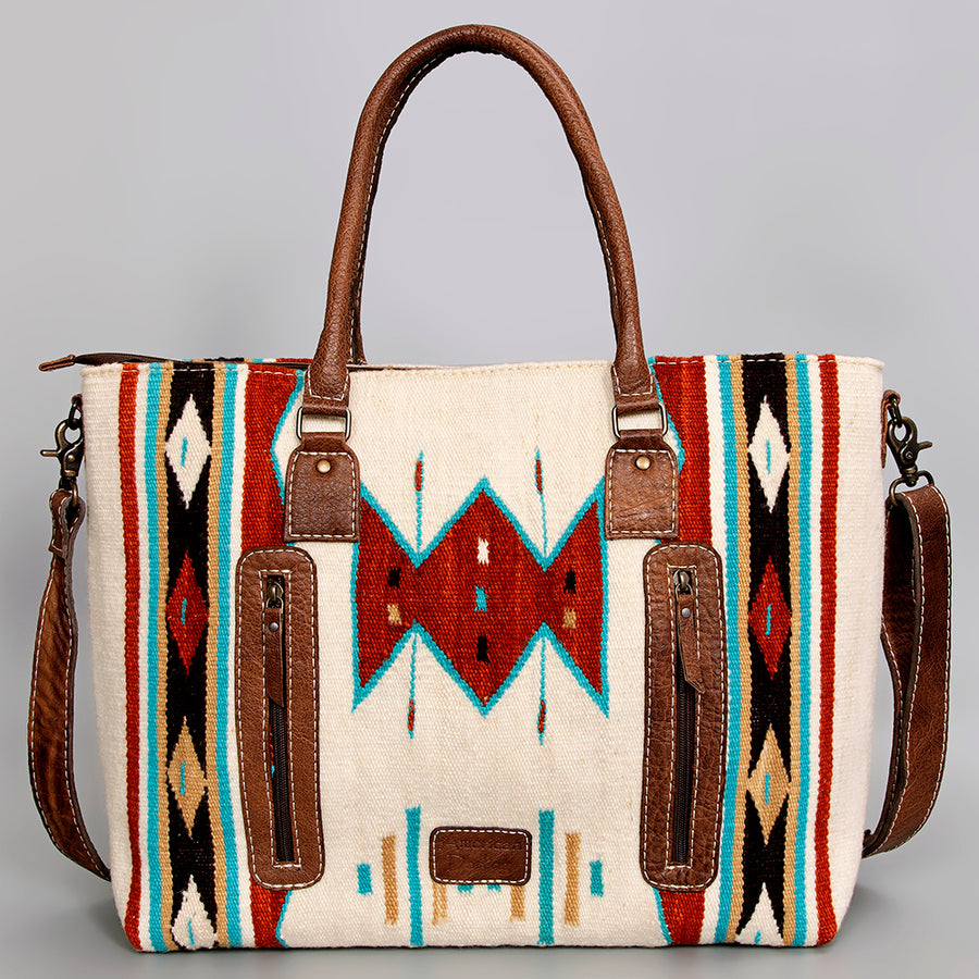 American Darling Handwoven Saddle Blanket Tote Bag – Western Tote with Genuine Leather Handles & Artisan Crafted Large Bag
