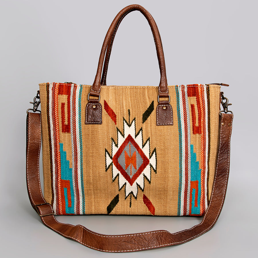 American Darling Handwoven Saddle Blanket Tote Bag – Western Tote with Genuine Leather Handles & Artisan Crafted Large Bag