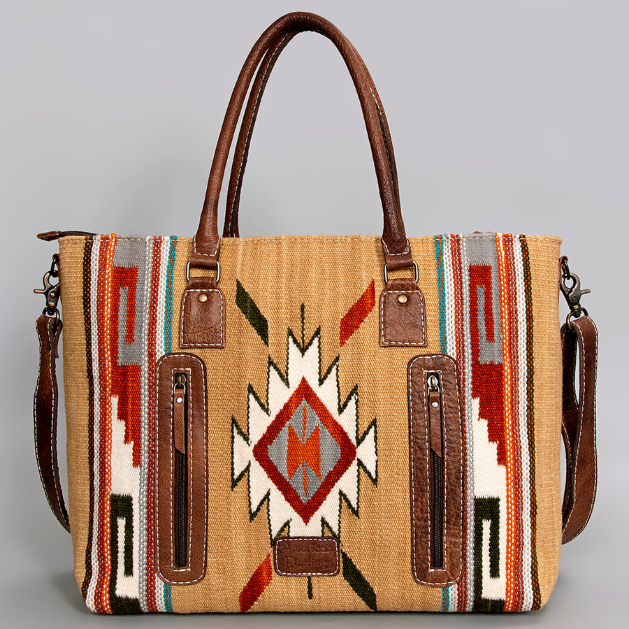 American Darling Handwoven Saddle Blanket Tote Bag – Western Tote with Genuine Leather Handles & Artisan Crafted Large Bag