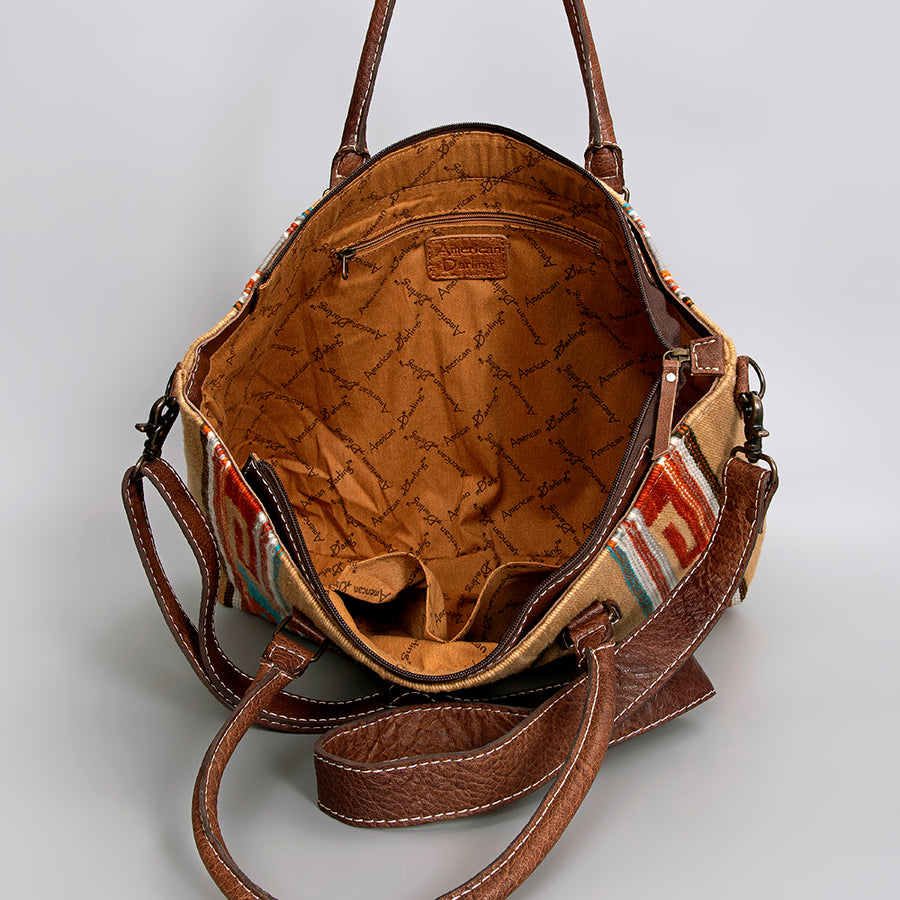 American Darling Handwoven Saddle Blanket Tote Bag – Western Tote with Genuine Leather Handles & Artisan Crafted Large Bag