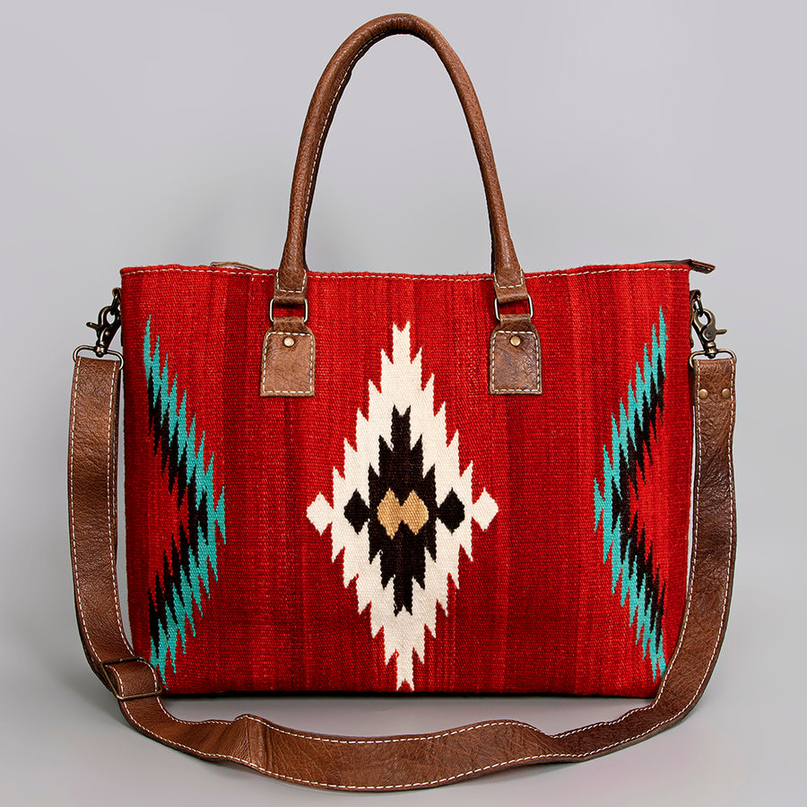 American Darling Handwoven Saddle Blanket Tote Bag – Western Tote with Genuine Leather Handles & Artisan Crafted Large Bag