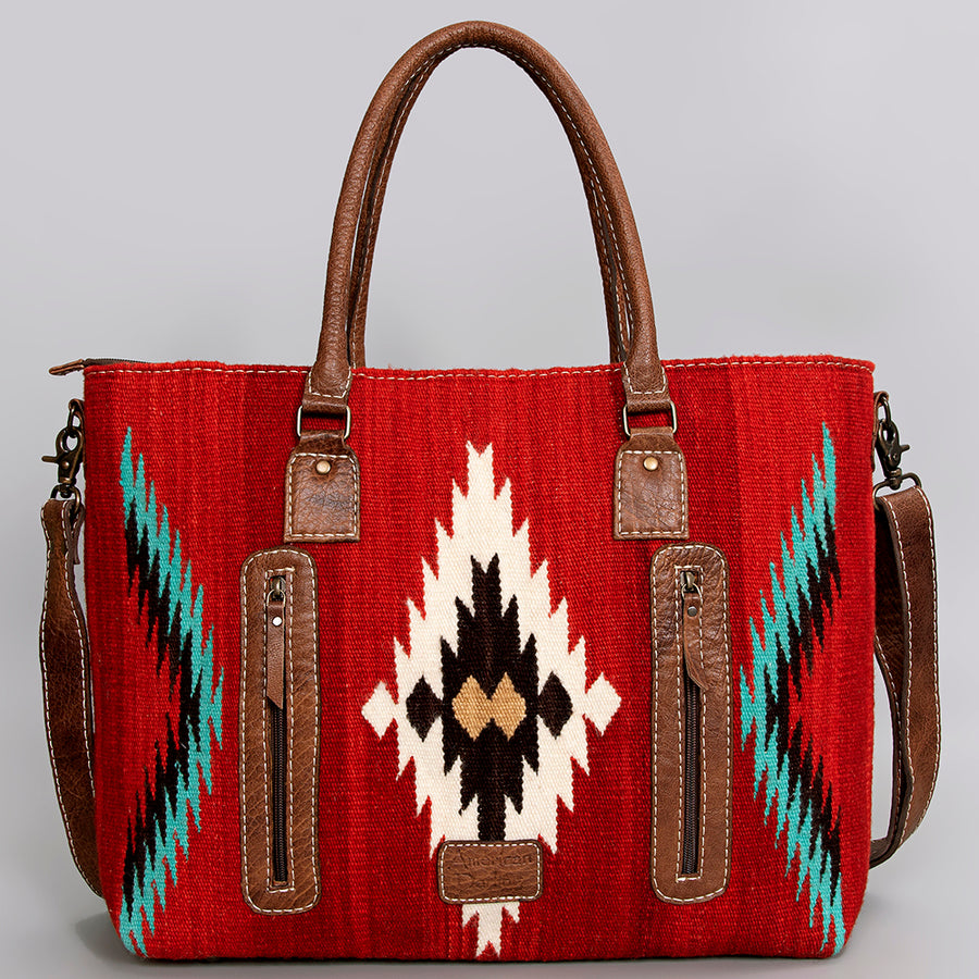 American Darling Handwoven Saddle Blanket Tote Bag – Western Tote with Genuine Leather Handles & Artisan Crafted Large Bag