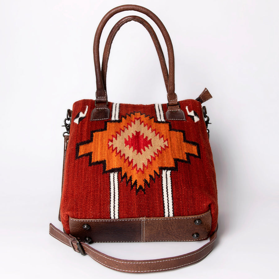 American Darling Saddle Blanket Tote Bag – Handwoven Wool Western Tote with Genuine Leather Handles & Spacious Interior