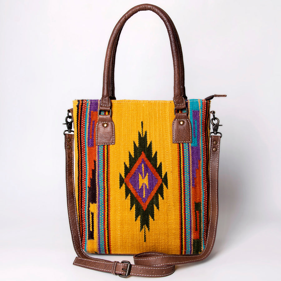 American Darling Saddle Blanket Tote Bag – Handwoven Wool Western Tote with Genuine Leather Handles & Spacious Interior