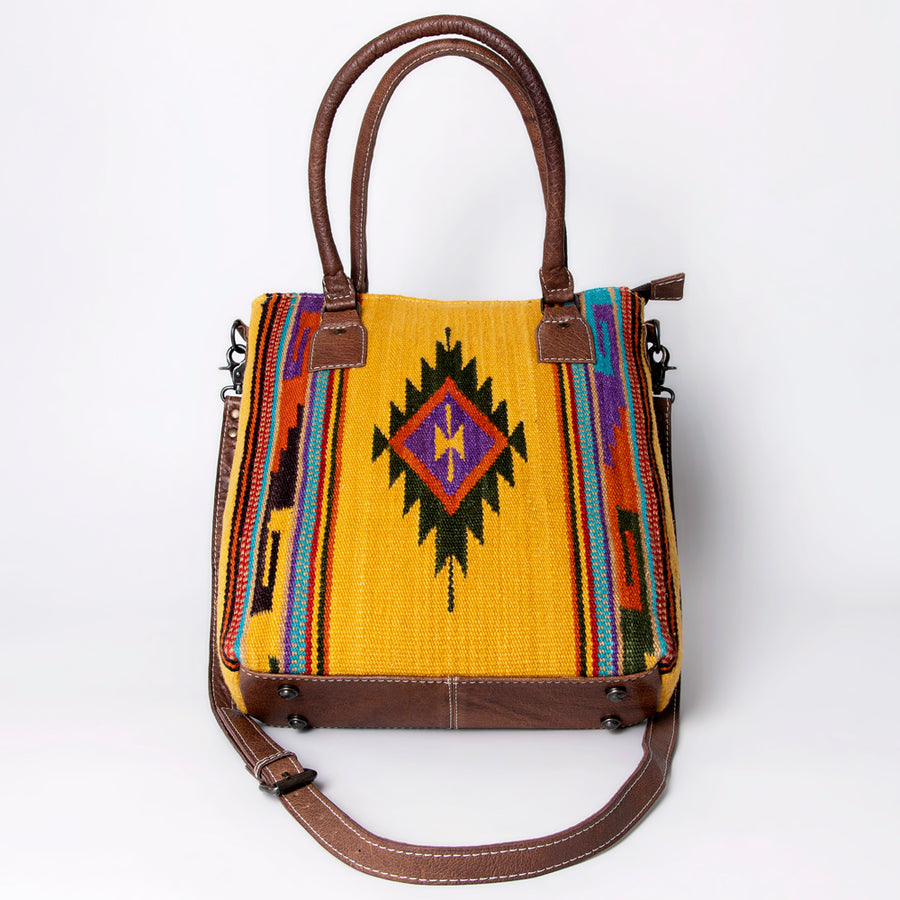American Darling Saddle Blanket Tote Bag – Handwoven Wool Western Tote with Genuine Leather Handles & Spacious Interior