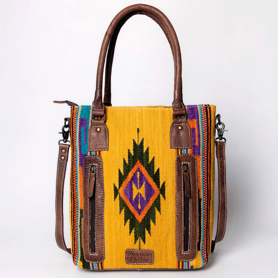 American Darling Saddle Blanket Tote Bag – Handwoven Wool Western Tote with Genuine Leather Handles & Spacious Interior