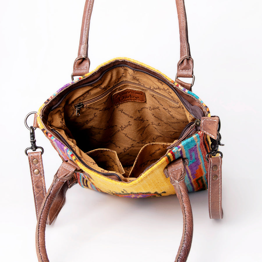 American Darling Saddle Blanket Tote Bag – Handwoven Wool Western Tote with Genuine Leather Handles & Spacious Interior