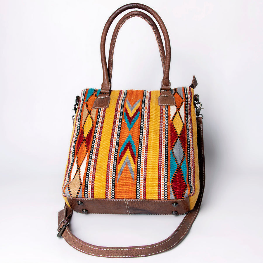 American Darling Saddle Blanket Tote Bag – Handwoven Wool Western Tote with Genuine Leather Handles & Spacious Interior