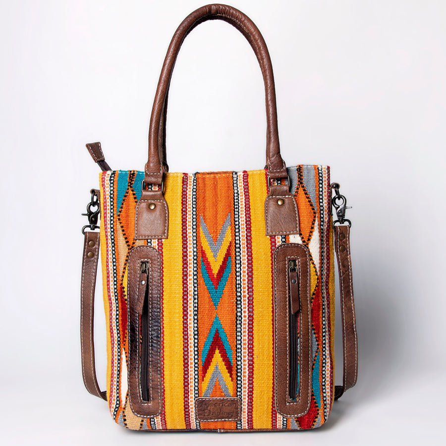 American Darling Saddle Blanket Tote Bag – Handwoven Wool Western Tote with Genuine Leather Handles & Spacious Interior