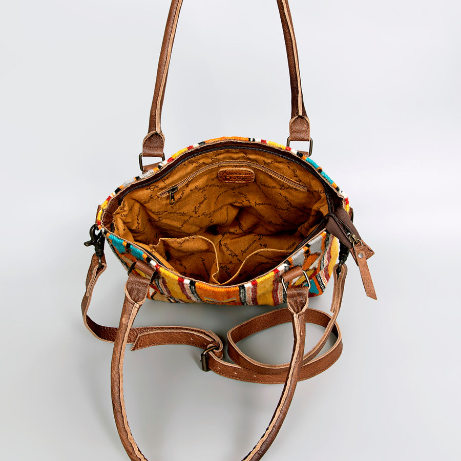 American Darling Saddle Blanket Tote Bag – Handwoven Wool Western Tote with Genuine Leather Handles & Spacious Interior