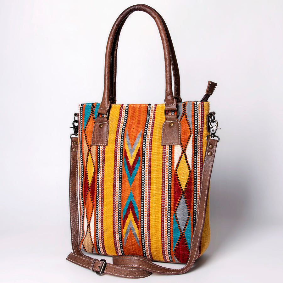 American Darling Handwoven Saddle Blanket Western Tote Bag Genuine Leather Straps - Uhorse