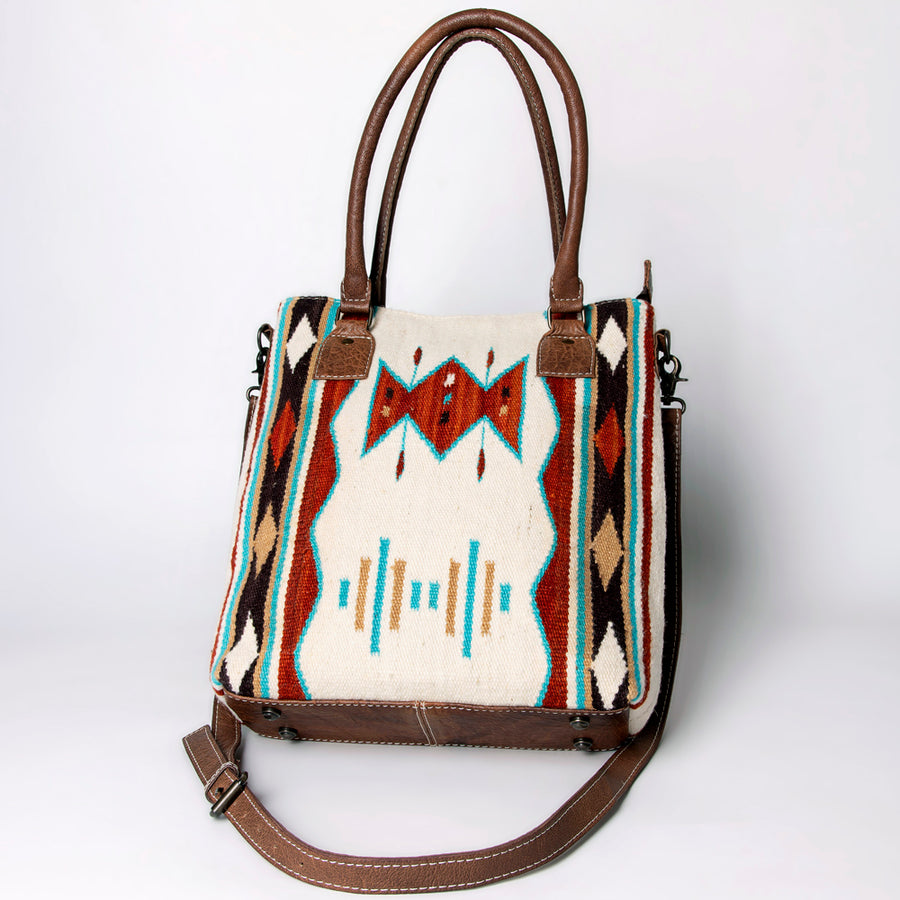 American Darling Saddle Blanket Tote Bag – Handwoven Wool Western Tote with Genuine Leather Handles & Spacious Interior