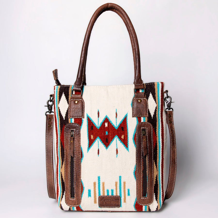 American Darling Saddle Blanket Tote Bag – Handwoven Wool Western Tote with Genuine Leather Handles & Spacious Interior
