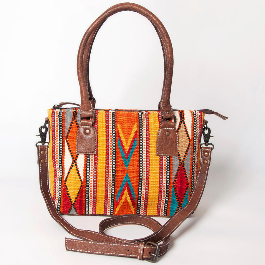 American Darling Western Saddle Blanket Tote Bag, Genuine Leather Trim, Removable Crossbody Strap, Zipper Closure