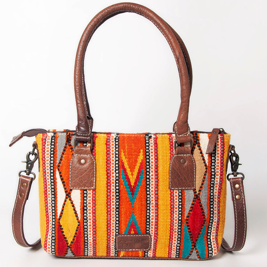 American Darling Western Saddle Blanket Tote Bag, Genuine Leather Trim, Removable Crossbody Strap, Zipper Closure