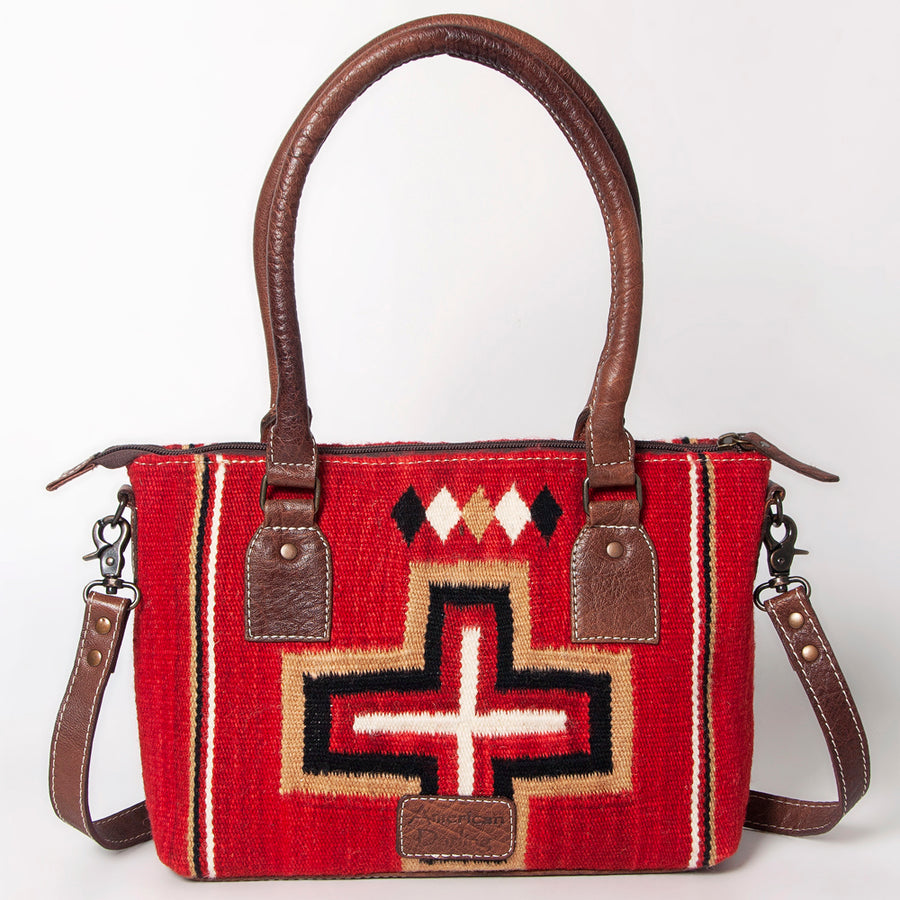 American Darling Western Saddle Blanket Tote Bag, Genuine Leather Trim, Removable Crossbody Strap, Zipper Closure