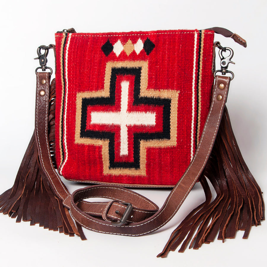 American Darling Handwoven Saddle Blanket Fringe Crossbody Bag Genuine Leather - Uhorse