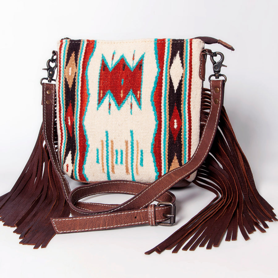 American Darling Handwoven Saddle Blanket Fringe Crossbody Bag Genuine Leather - Uhorse