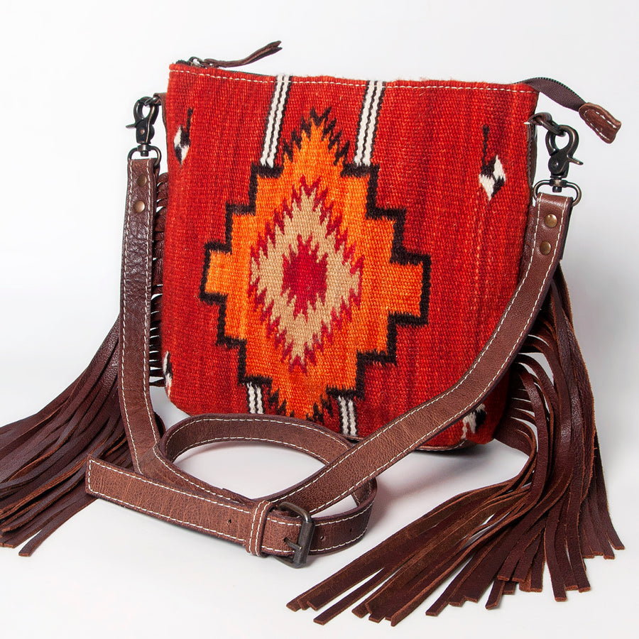 American Darling Western Crossbody Bag – Handwoven Saddle Blanket with Genuine Leather and Fringes, Compact Everyday Purse