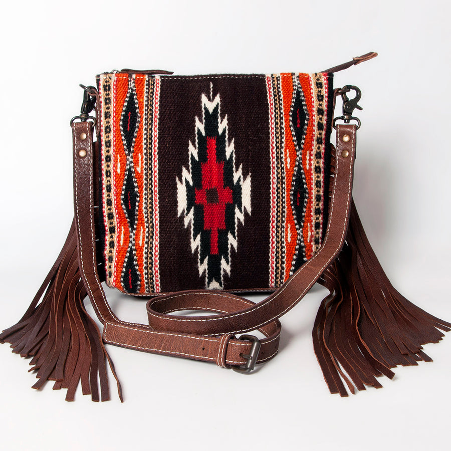 American Darling Western Crossbody Bag – Handwoven Saddle Blanket with Genuine Leather and Fringes, Compact Everyday Purse