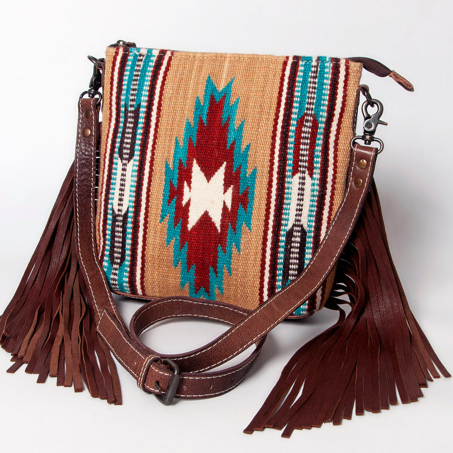 American Darling Western Crossbody Bag – Handwoven Saddle Blanket with Genuine Leather and Fringes, Compact Everyday Purse