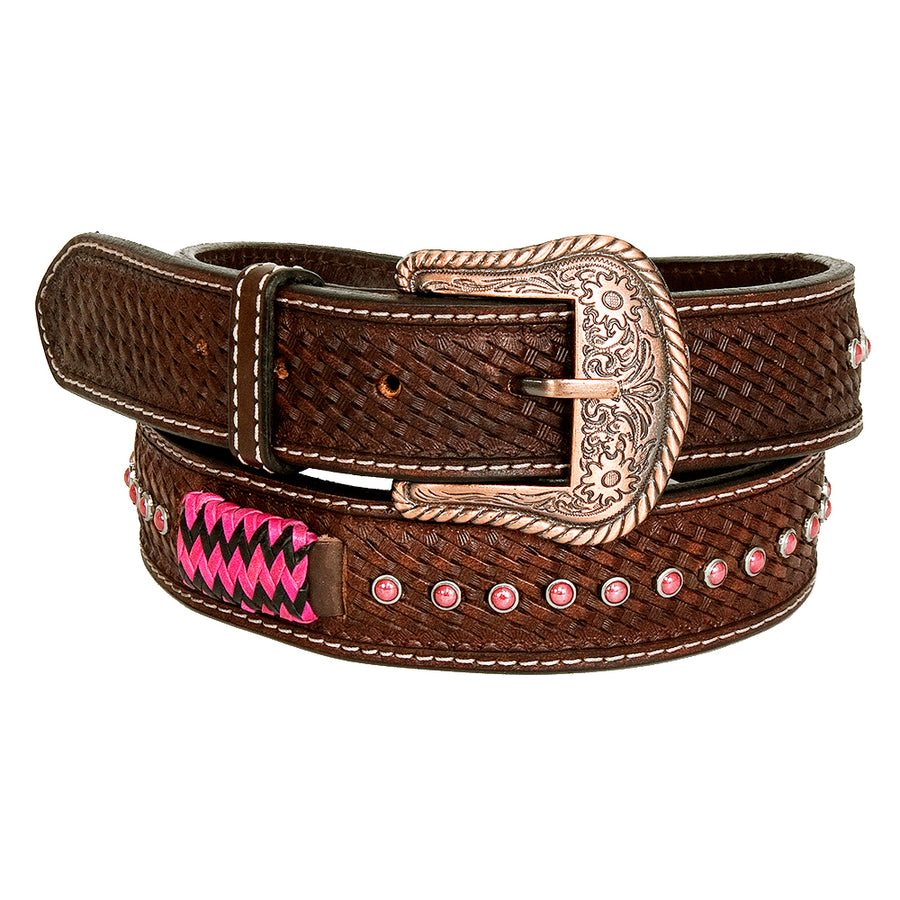 BAR H EQUINE Pink Rawhide Basket Hand Tooled Western Leather Men And Women Belt Brown - Uhorse