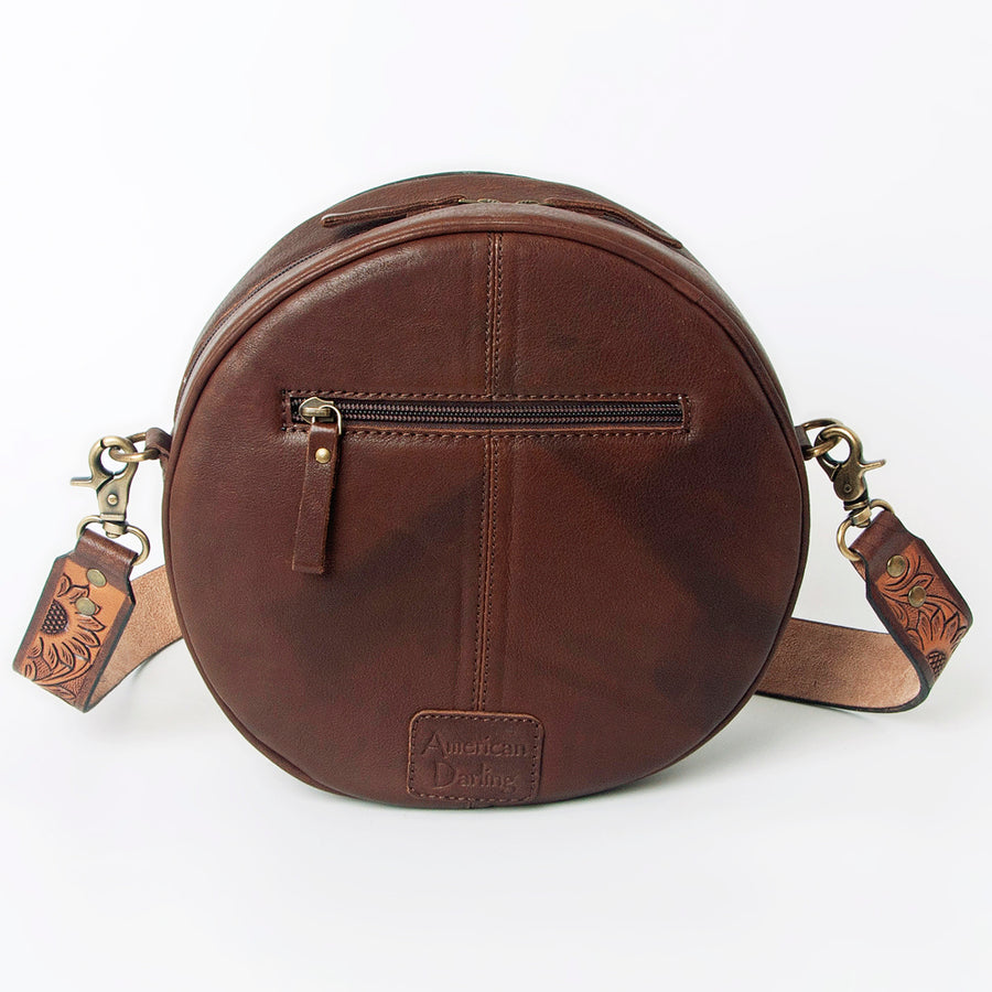 American Darling Canteen Bag for Women - Hand Tooled Floral Carved Genuine Leather Round Crossbody with YKK Zipper
