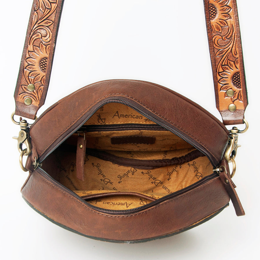 American Darling Canteen Bag for Women - Hand Tooled Floral Carved Genuine Leather Round Crossbody with YKK Zipper