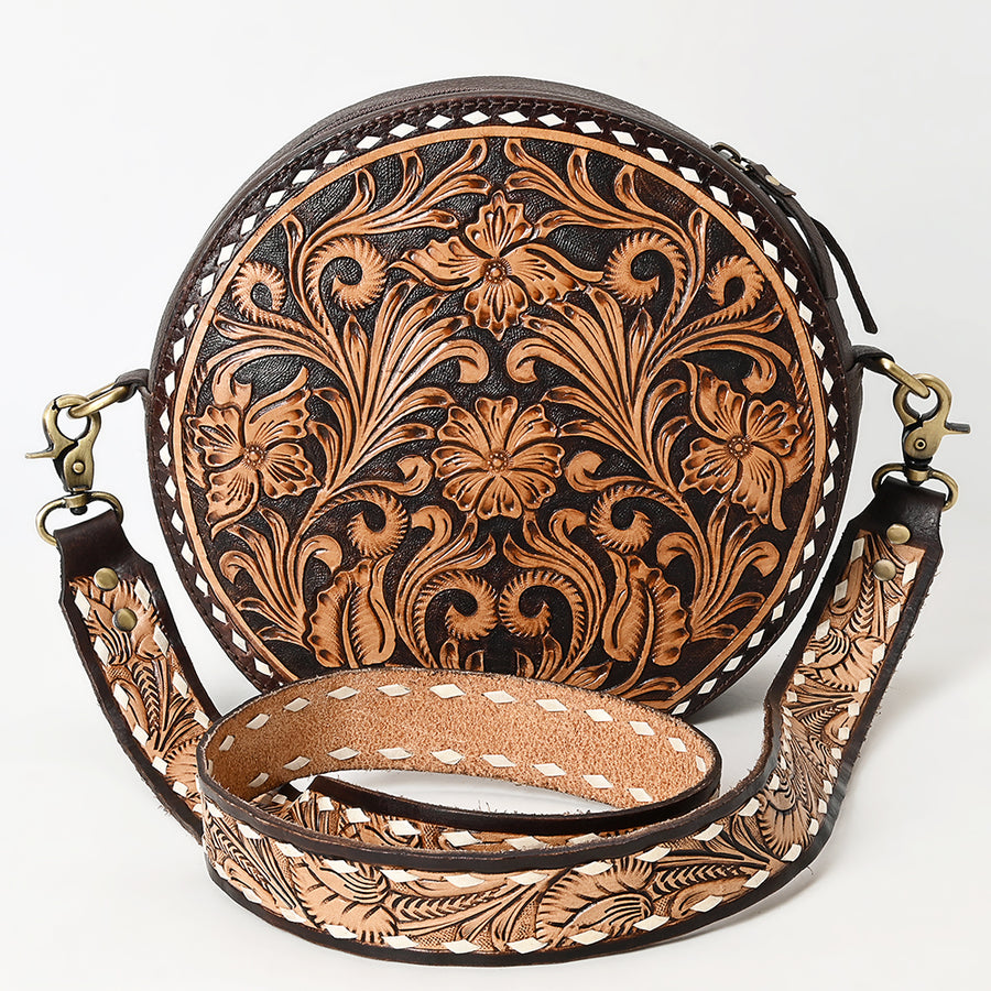 American Darling Canteen Bag for Women - Buck Stitched, Hand Tooled Floral Carved Genuine Leather Round Crossbody