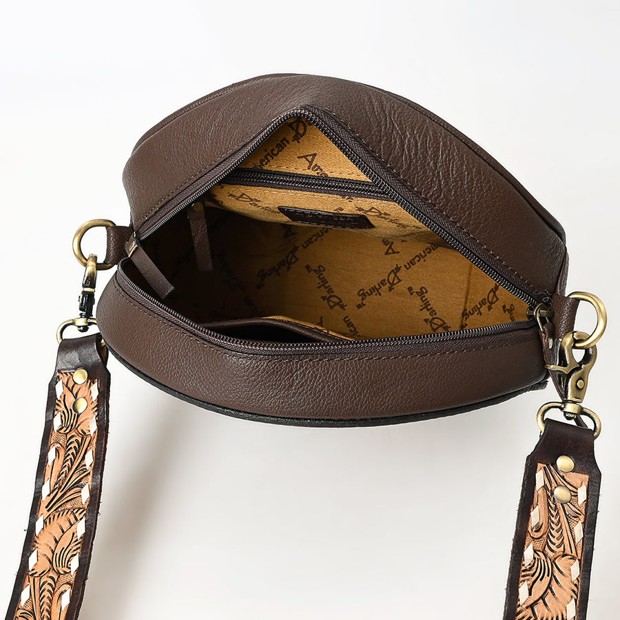 American Darling Canteen Bag for Women - Buck Stitched, Hand Tooled Floral Carved Genuine Leather Round Crossbody