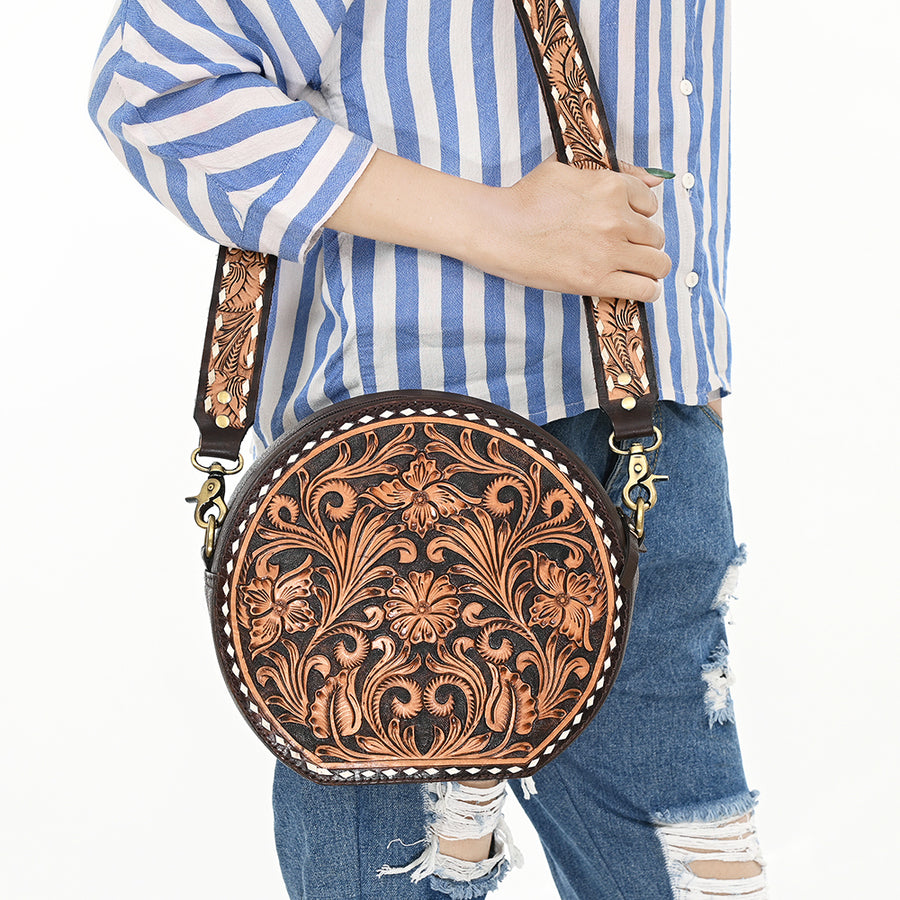 American Darling Canteen Bag for Women - Buck Stitched, Hand Tooled Floral Carved Genuine Leather Round Crossbody