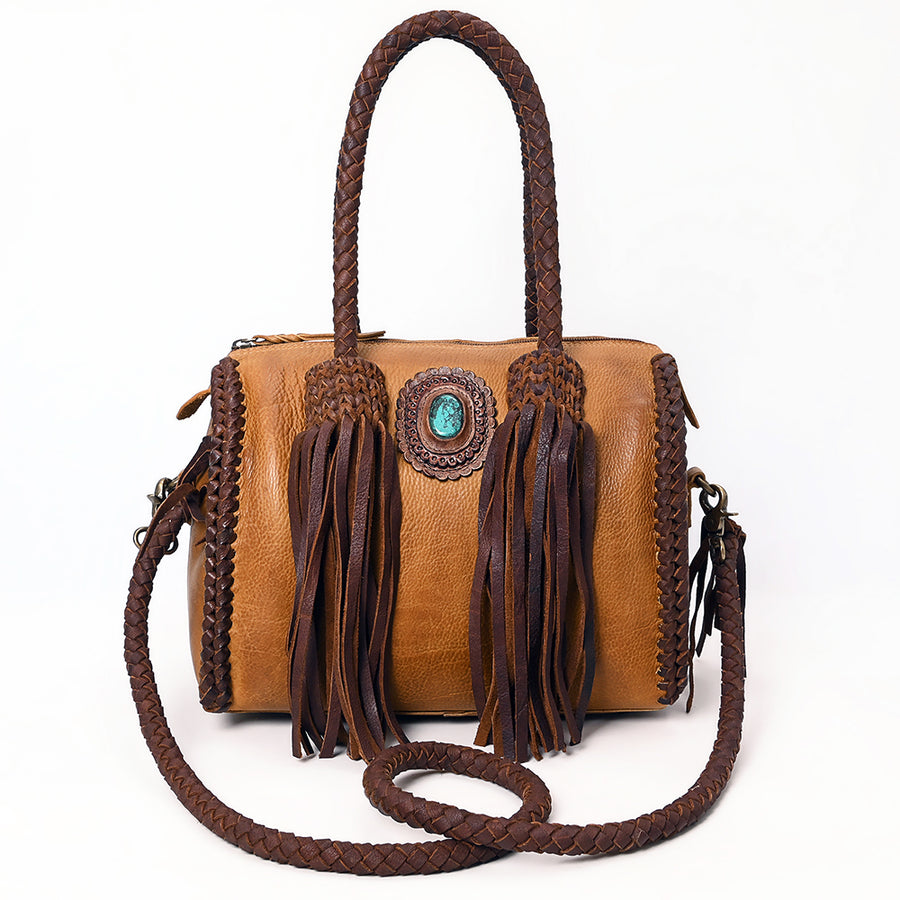 American Darling Speedy Bag Western Genuine Leather Handcrafted Purse with Fringes, Braided Handles and Turquoise Stone