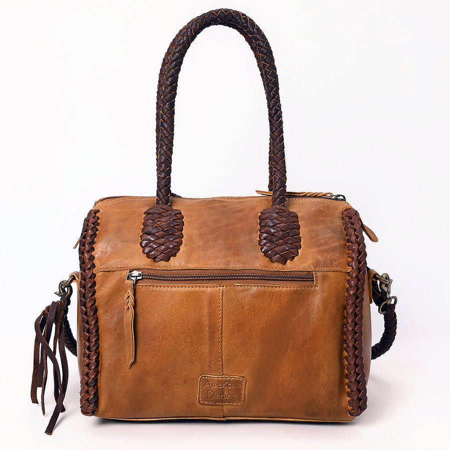 American Darling Speedy Bag Western Genuine Leather Handcrafted Purse with Fringes, Braided Handles and Turquoise Stone