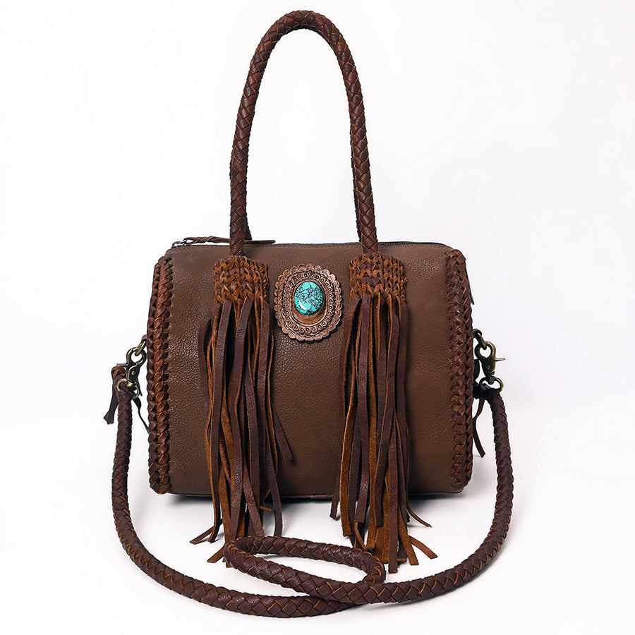 American Darling Speedy Bag Western Genuine Leather Handcrafted Purse with Fringes, Braided Handles and Turquoise Stone
