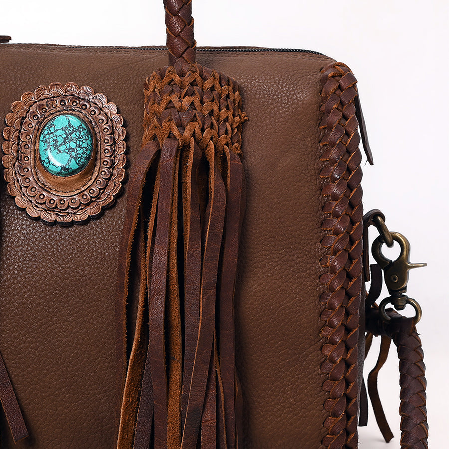 American Darling Speedy Bag Western Genuine Leather Handcrafted Purse with Fringes, Braided Handles and Turquoise Stone