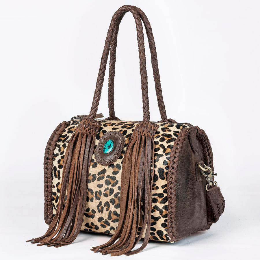 American Darling Speedy Bag Western Genuine Leather Handcrafted Purse with Fringes, Braided Handles and Turquoise Stone