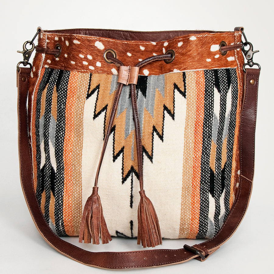 American Darling Bucket Bag Hand Woven Saddle Blanket Hair-On Cowhide Genuine Leather Western Purse with YKK Zipper