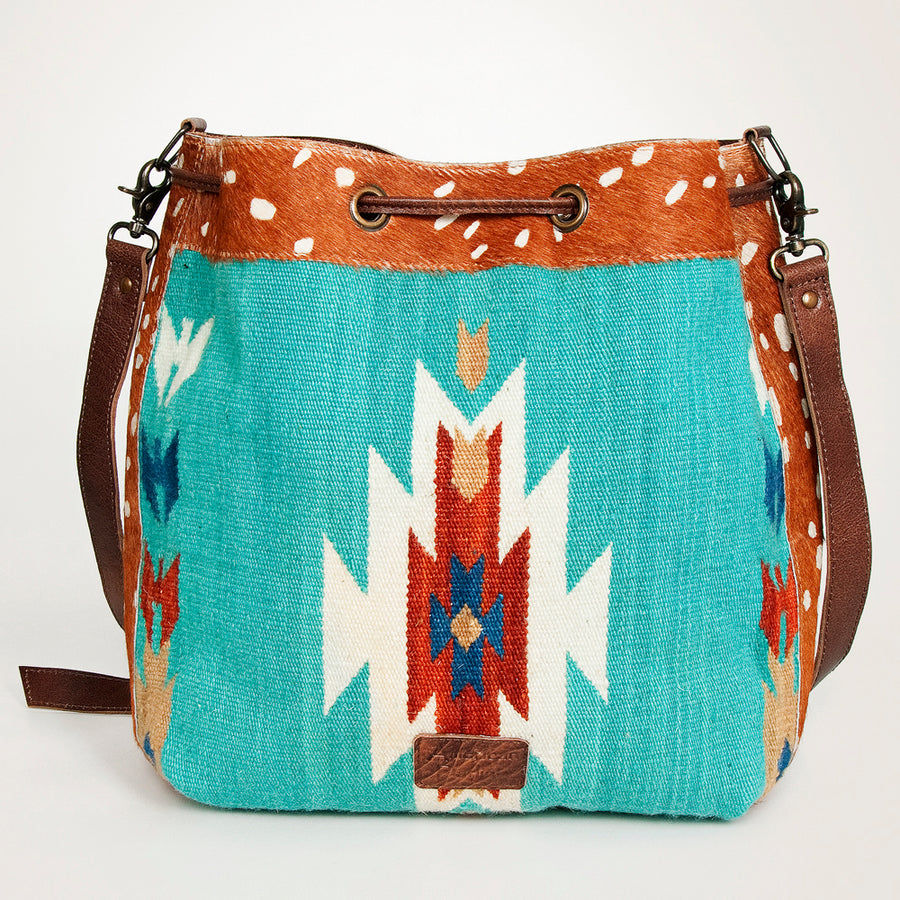 American Darling Bucket Bag Hand Woven Saddle Blanket Hair-On Cowhide Genuine Leather Western Purse with YKK Zipper