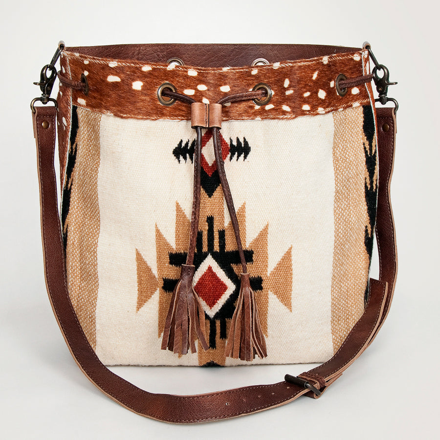 American Darling Bucket Bag Hand Woven Saddle Blanket Hair-On Cowhide Genuine Leather Western Purse with YKK Zipper