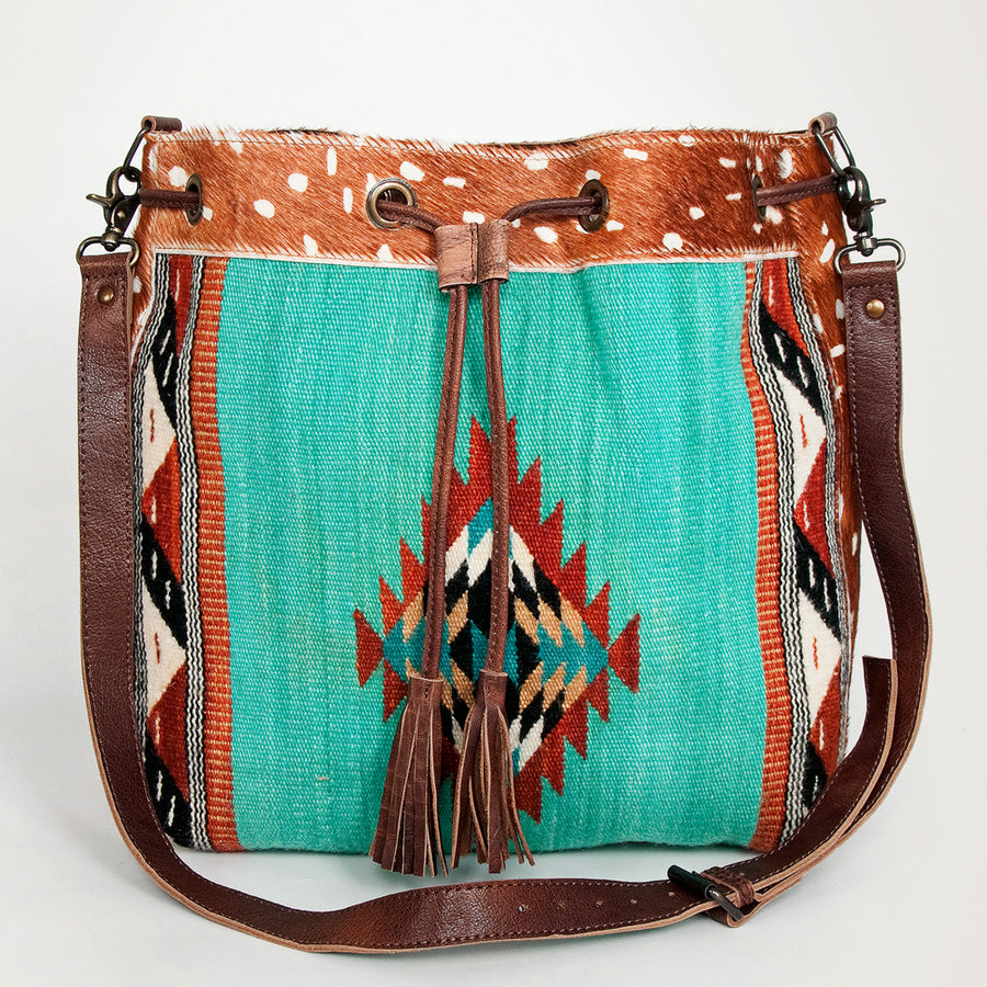 American Darling Bucket Bag Hand Woven Saddle Blanket Hair-On Cowhide Genuine Leather Western Purse with YKK Zipper