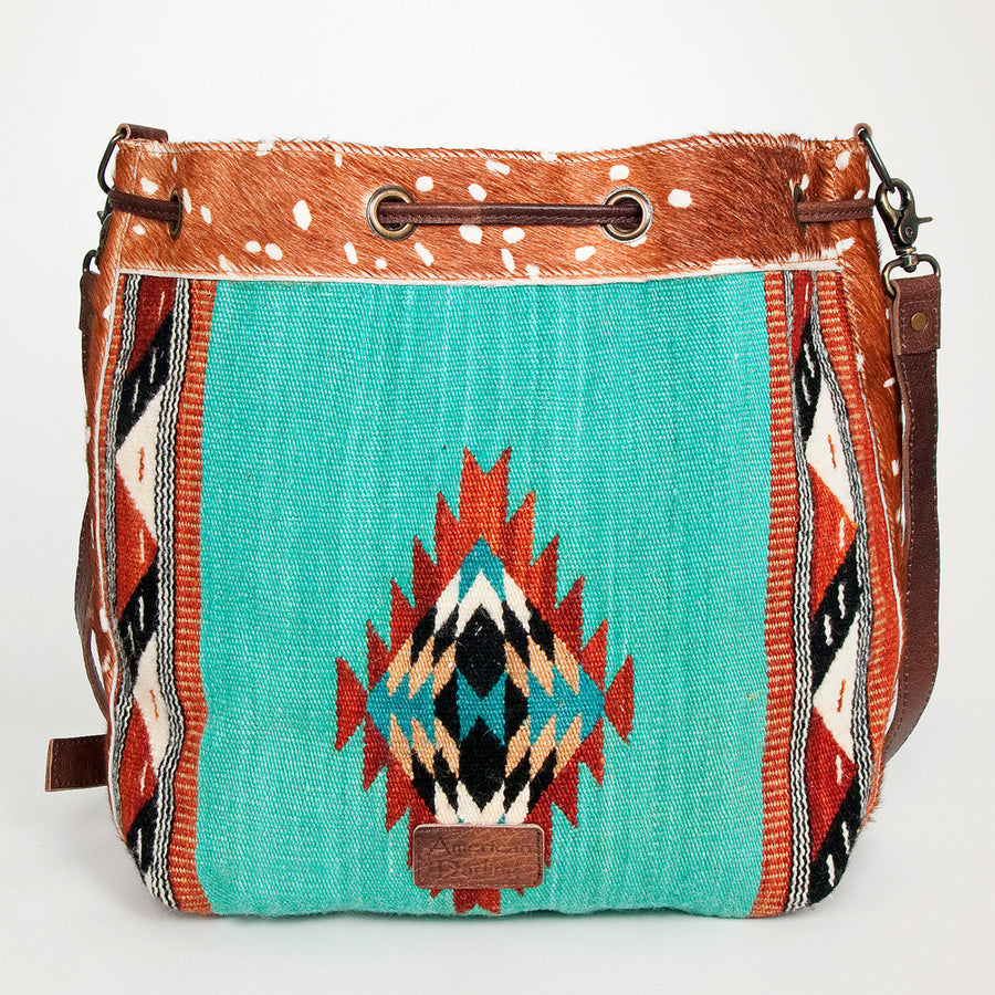 American Darling Bucket Bag Hand Woven Saddle Blanket Hair-On Cowhide Genuine Leather Western Purse with YKK Zipper