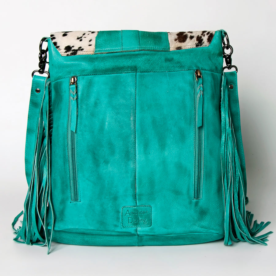 American Darling Messenger Bag Western Hair-On Cowhide Genuine Leather Handcrafted Purse with Fringes and Turquoise Stone
