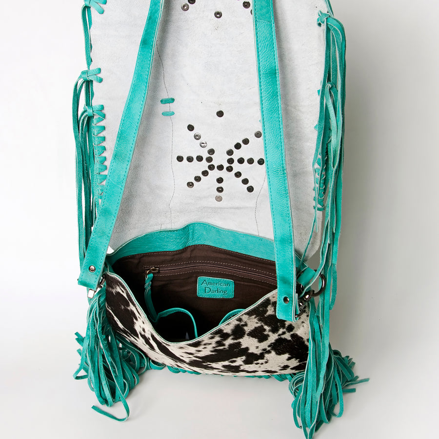 American Darling Messenger Bag Western Hair-On Cowhide Genuine Leather Handcrafted Purse with Fringes and Turquoise Stone