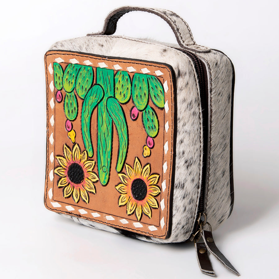 American Darling Hand Tooled Leather Hair-On Cowhide Jewelry case - Hilason