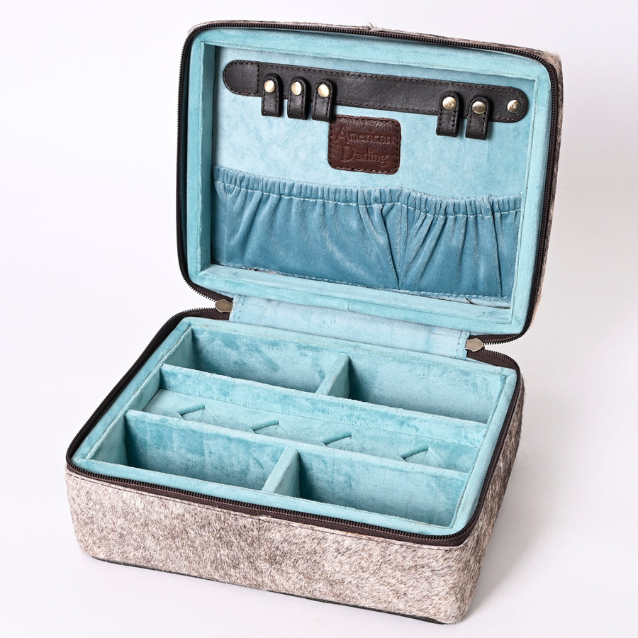 American Darling Jewelry Case for Women - Hand Tooled Floral Carved Leather, Hair-On Cowhide & Buck Stitched Organizer