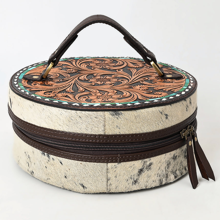 American Darling Jewelry Case for Women - Circular Hand Tooled Floral Carved Leather, Hair-On Cowhide & Buck Stitched Organizer