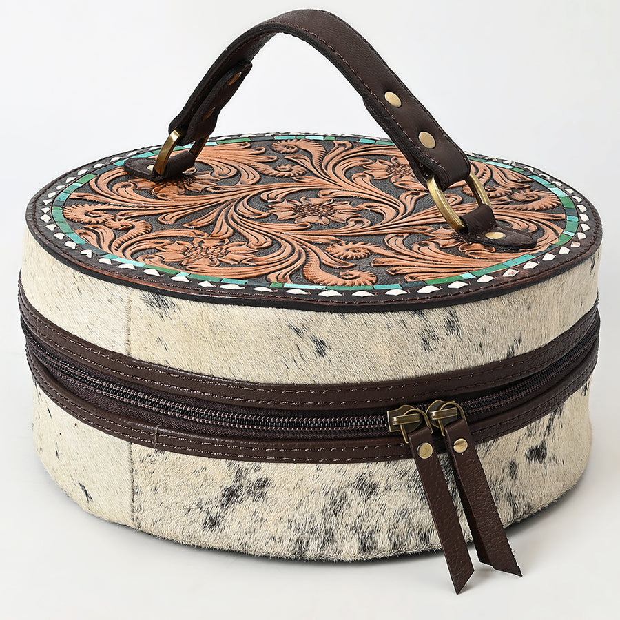 American Darling Jewelry Case for Women - Circular Hand Tooled Floral Carved Leather, Hair-On Cowhide & Buck Stitched Organizer